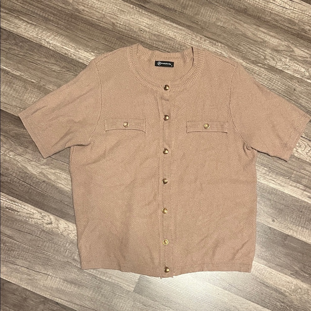 Brown Short Sleeve Cardigan with Gold Buttons